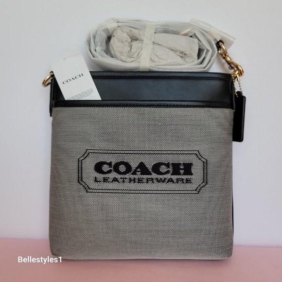 COACH Kitt Badge Jacquard & Smooth Leather Crossbody- Salt Black ⭐ - Picture 6 of 16